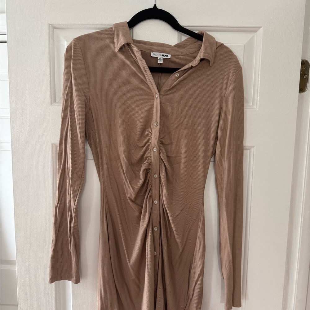 Fashion Nova Long Sleeve Ruched Front Dress - Taupe